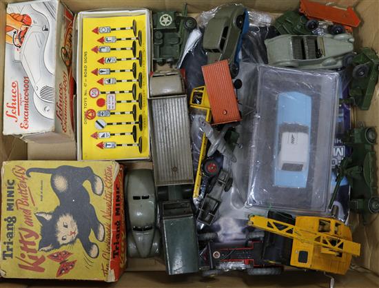 Dinky toys - boxed No.47 road signs, various playworn models, a Schuco Examico 4001 clockwork car, a Triang Kitty, etc.